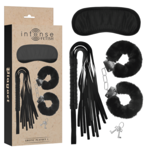 FETISH EROTIC PLAYSET 1 WITH HANDCUFFS, BLIND MASK AND FLOGGER
