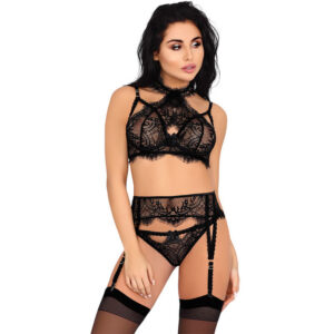 MAJALESA LC 90526 BRA + GARTER BELT + PANTY BLACK L/XL