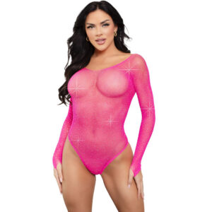 CRYSTALIZED LONG SLEEVE BODYSUIT FUCHSIA