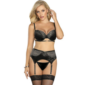 SET OF 3 PIECES BRA + THONG + LACE GARTER BLACK S/M