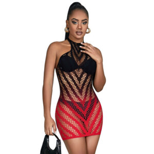952242 RED AND BLACK DEGRADED ELASTIC FISHNET DRESS ONE SIZE