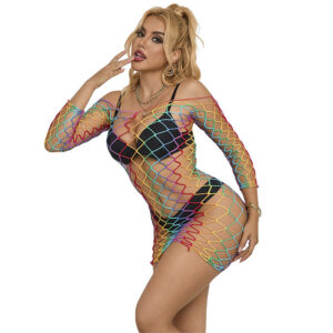 952426 RAINBOW LONG SLEEVE FISHNET DRESS ONE SIZE