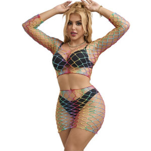 952440 2-PIECE FISHNET SET LONG SLEEVE RAINBOW ONE SIZE