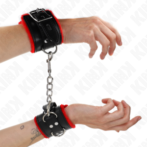 FUR LINED WRIST RESTRAINTS WITH SQUARE HOLES RED AND BLACK BELT ADJUSTABLE 17-29 CM X 6 CM
