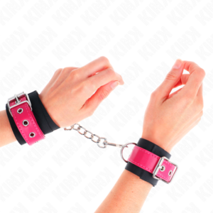 NYLON WRIST RESTRAINTS BLACK WITH LEATHERETTE BELT RASPBERRY ROSE ADJUSTABLE 19-29 CM X 5.1 CM