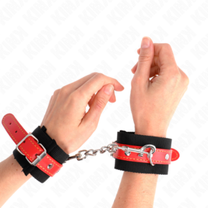 NYLON WRIST RESTRAINTS BLACK WITH LEATHERETTE RED ADJUSTABLE 19-24 CM X 5.5 CM