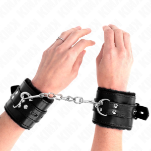 FUR LINED WRIST RESTRAINTS WITH SQUARE HOLES BLACK AND BLACK BELT ADJUSTABLE 17-29 CM X 6 CM