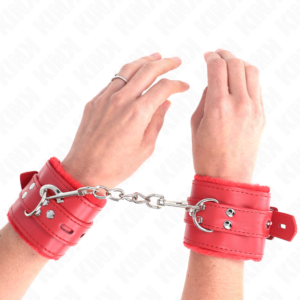 FUR LINED WRIST RESTRAINTS WITH SQUARE HOLES RED AND RED BELT ADJUSTABLE 17-29 CM X 6 CM