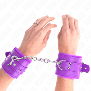 FUR LINED WRIST RESTRAINTS WITH SQUARE HOLES PURPLE AND PURPLE BELT ADJUSTABLE 17-29 CM X 6 CM