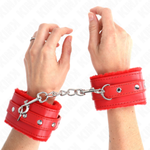 PREMIUM FUR LINED WRIST RESTRAINTS RED WITH RED BELT ADJUSTABLE 17-29 CM X 6 CM