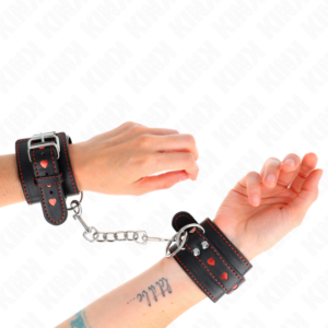BLACK WRIST RESTRAINTS WITH RED HEART INLAY ADJUSTABLE 21-28 CM X 5.5 CM