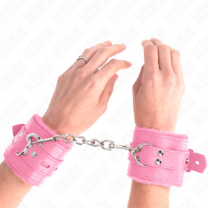 FUR LINED WRIST RESTRAINTS WITH SQUARE HOLES PINK AND PINK BELT ADJUSTABLE 17-29 CM X 6 CM