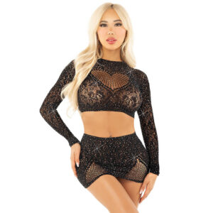 SHINY NET CROP + MINI SKIRT BLACK