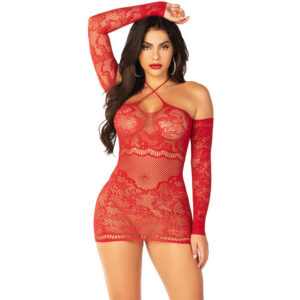 OFF-SHOULDER LONG-SLEEVED MESH MINI DRESS RED