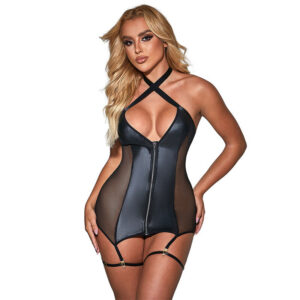 954451 SEXY MESH DRESS LEATHER BLACK L/XL