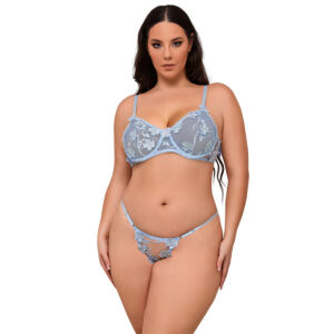 957636 FLOWER EMBROIDERED BRA AND PANTIES SET SKY BLUE L/XL