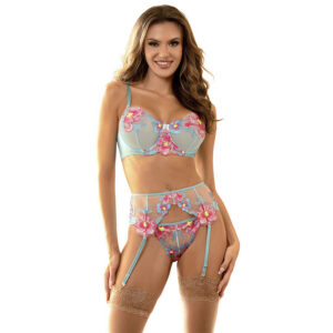 957650 FLOWER EMBROIDERED BRA AND GARTER BELT SET PINK L/XL