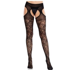 FLORAL LACE STOCKINGS WITH GARTERS UNITED BLACK