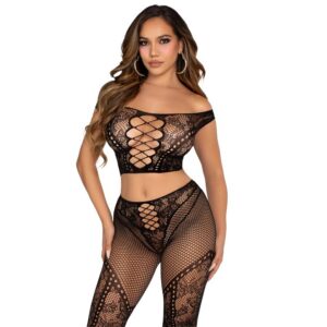 CROP TOP AND FISHNET LEGGING WITH BARE SHOULDERS BLACK