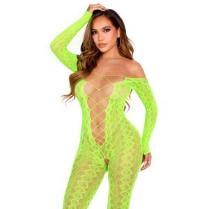 CROTCHLESS BODYSTOCKING EXOTIC SNAKE LACE NEON GREEN