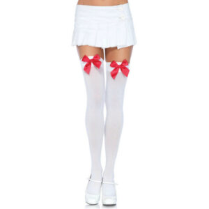 NYLON THIGH HIGHS WITH BOW WHITE / RED