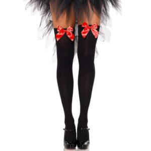 BLACK NYLON THIGH HIGHS WITH RED BOW ONE SIZE