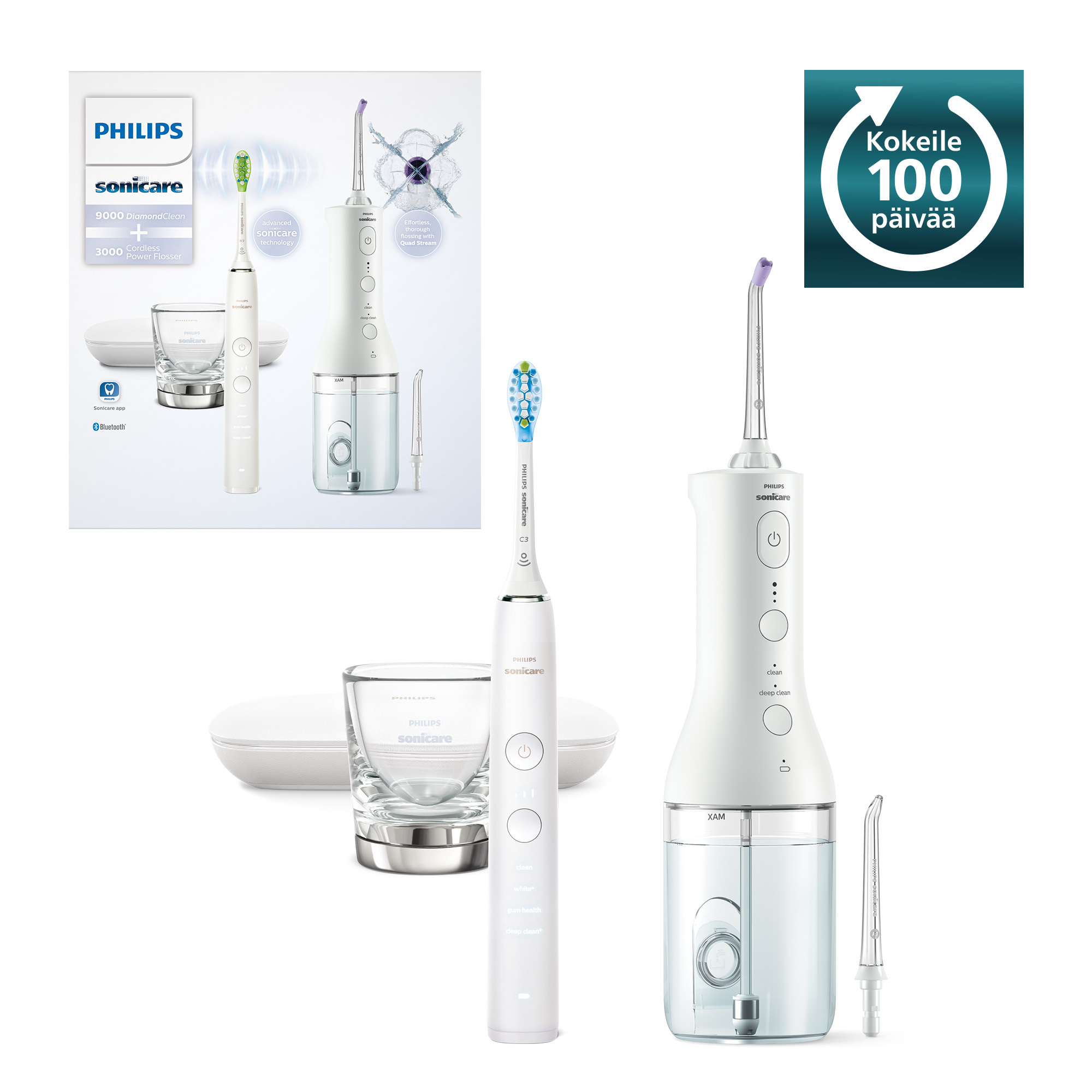 Philips Sonicare 9000 Diamond Clean elektriline hambahari + 3000 Power hambavahepesuri veejoa, valge HX3886/41