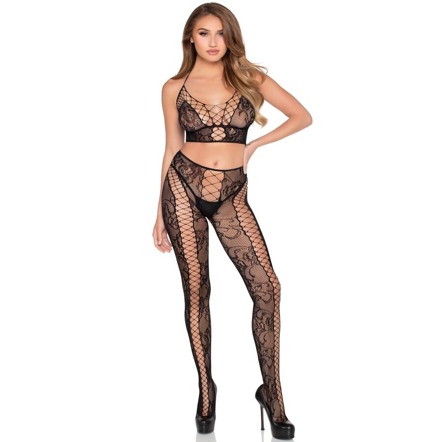 89368 NET & LACE CROP TOP AND TIGHTS BLACK ONE SIZE