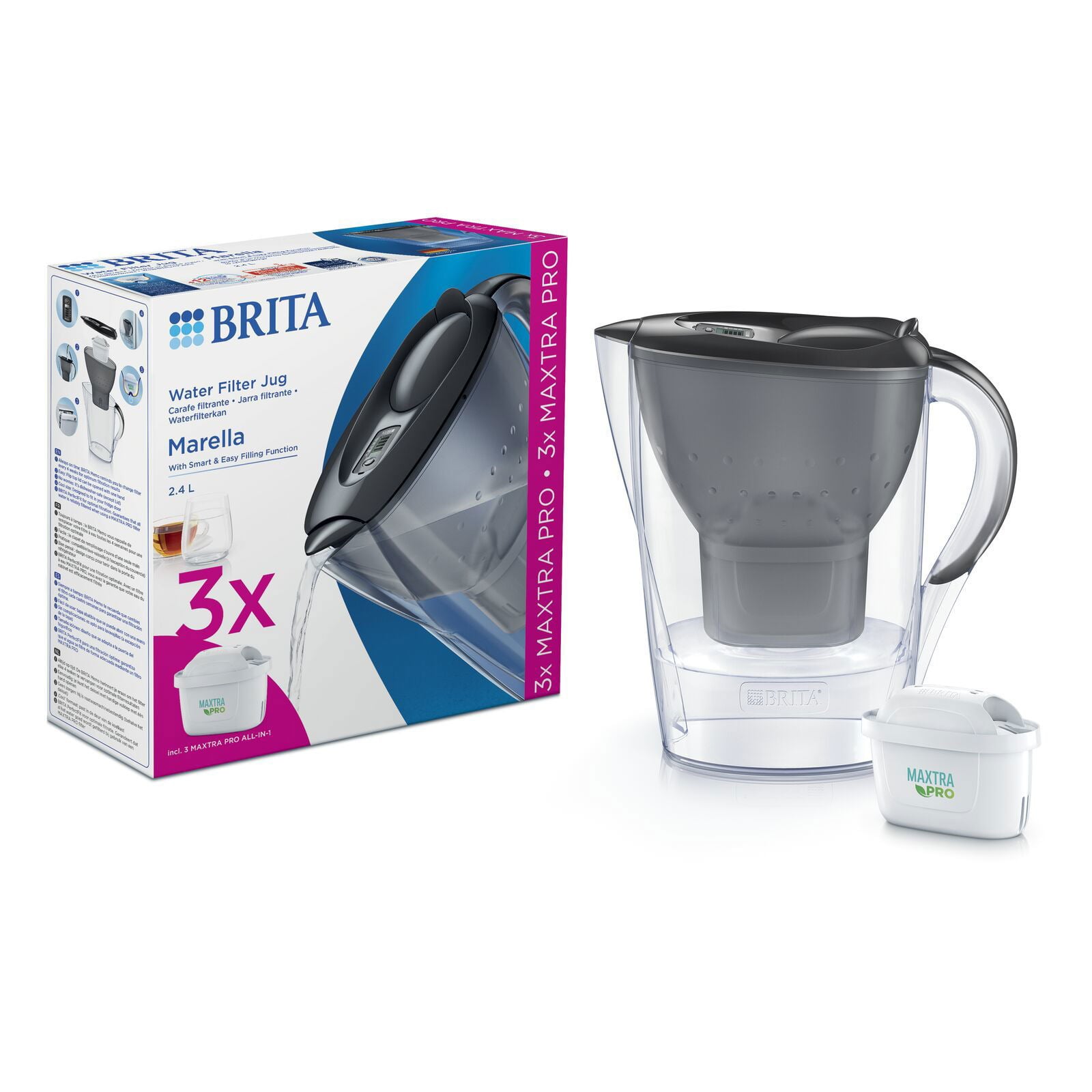 Brita Marella + 3 MXPro komplekt grafiidist veefiltrikann, 2,4 l + 3-kuulised filtrid