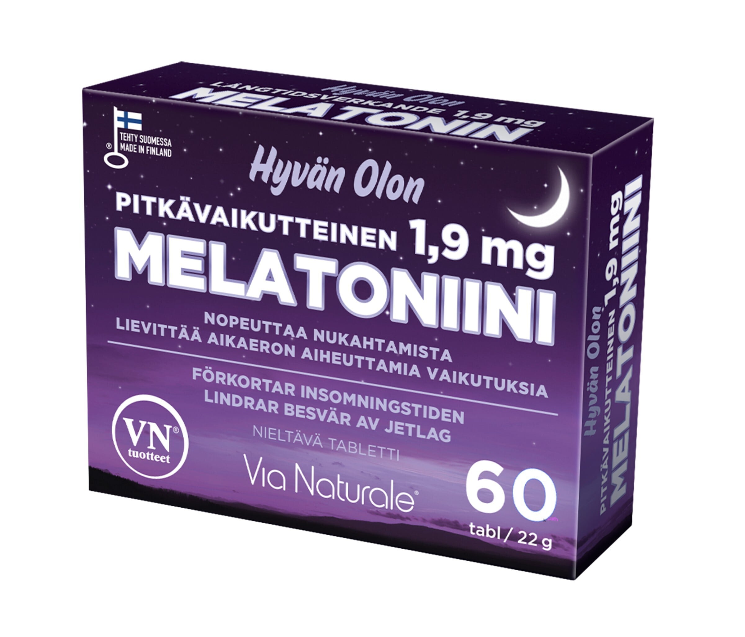 Via Naturale Hyvän Olon pikatoimeline melatoniin 1,9 mg, 60 tabletti