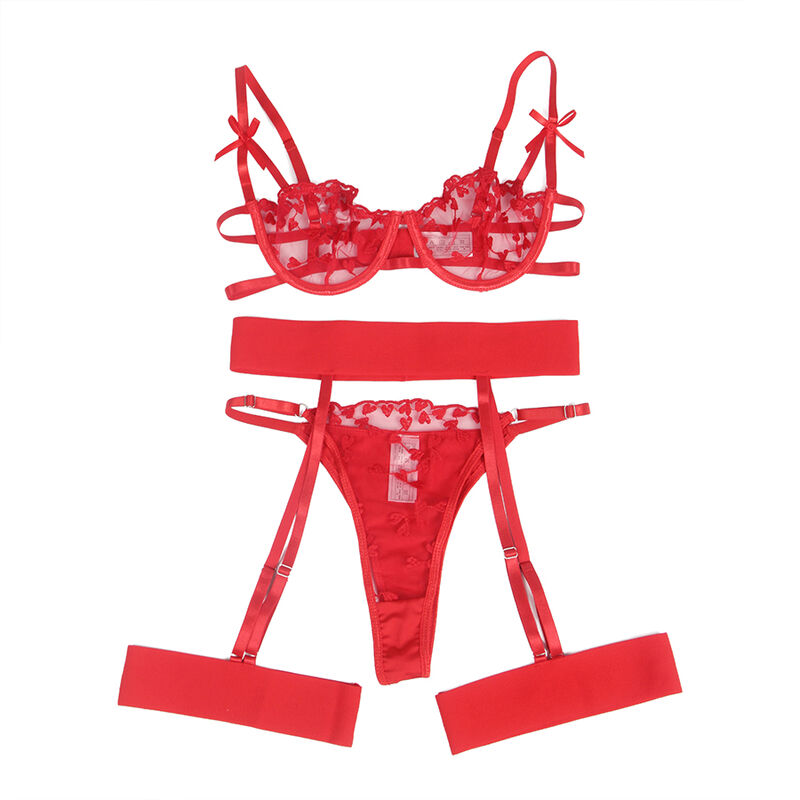 954321 HEART PRINT BRA + THONG + GARTER BELT RED S/M - Image 5