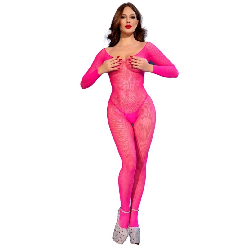 CR 4894 NEON PINK MESH BODYSTOCKING S/M