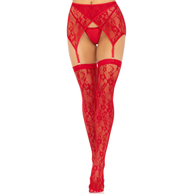 LACE THIGH HIGHS & GARTERBELT RED - Image 4