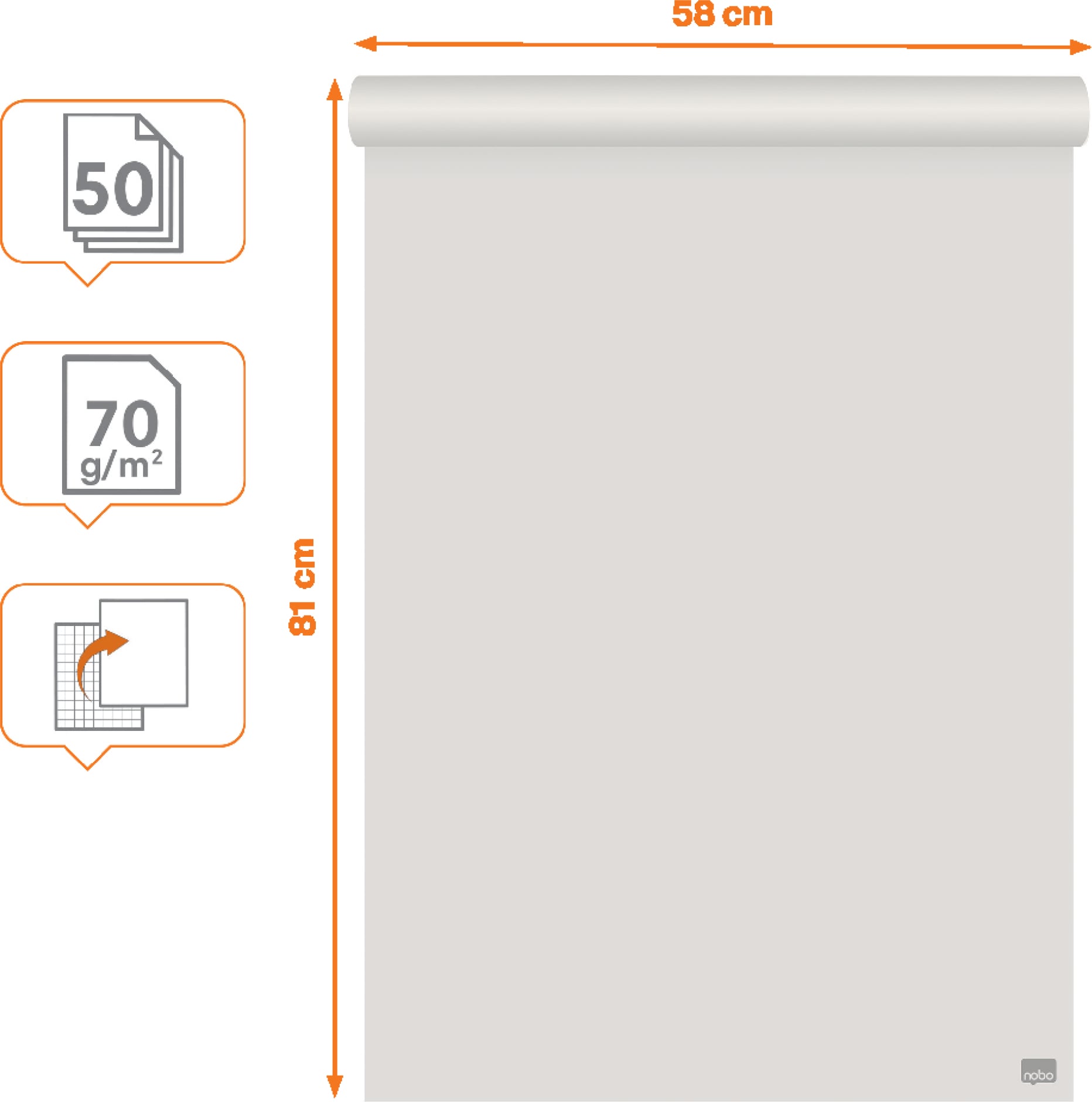 Nobo taaskasutatud pabertahvli paber 58 x 81 cm, tühi/ruudukujuline, 2 x 50 lehte, 70g/m²