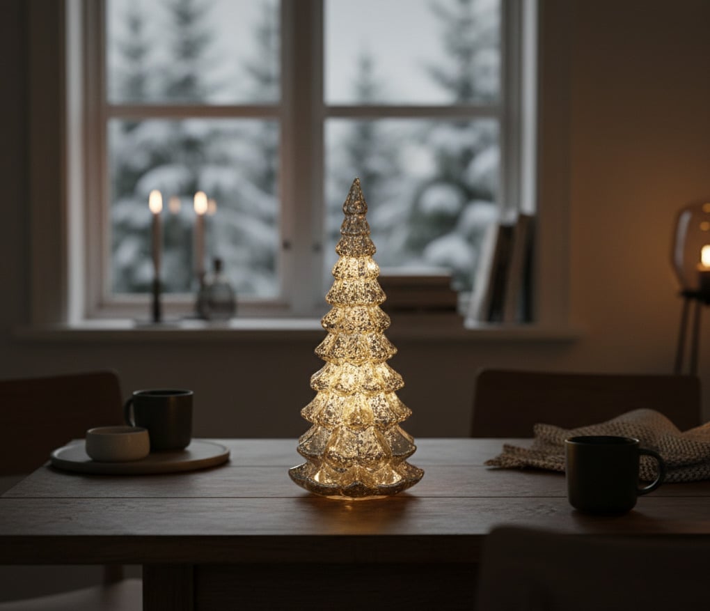 Lumineo klaaspuu tuledega, lauakaunistus, 32 cm, hõbedane